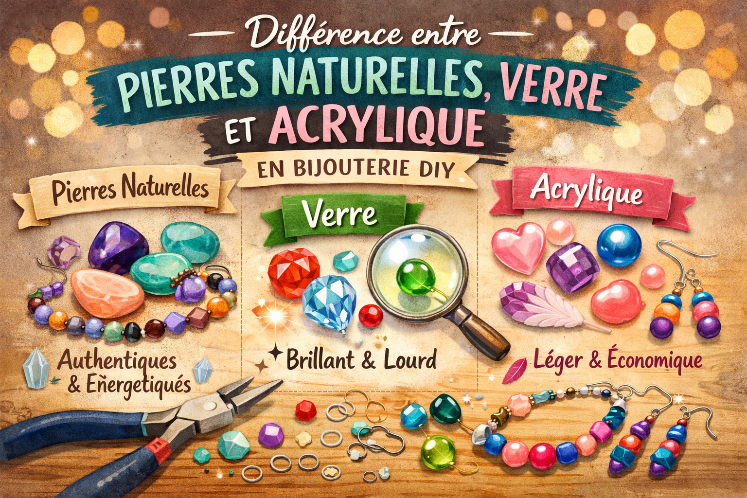 Différence entre pierres naturelles, verre et acrylique en bijouterie DIY