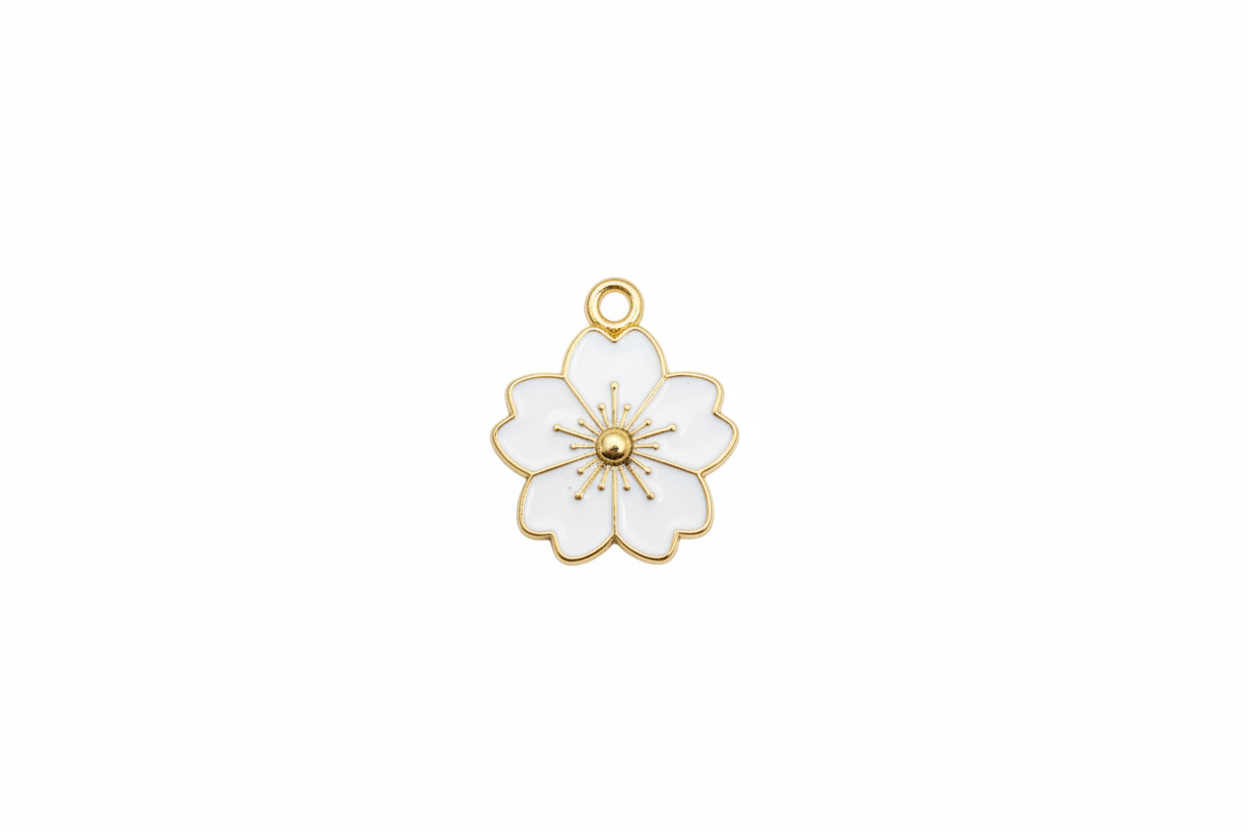 perlesetcreationbijoux - breloque fleur émaillée 20x17 mm, base métal doré et blanc
