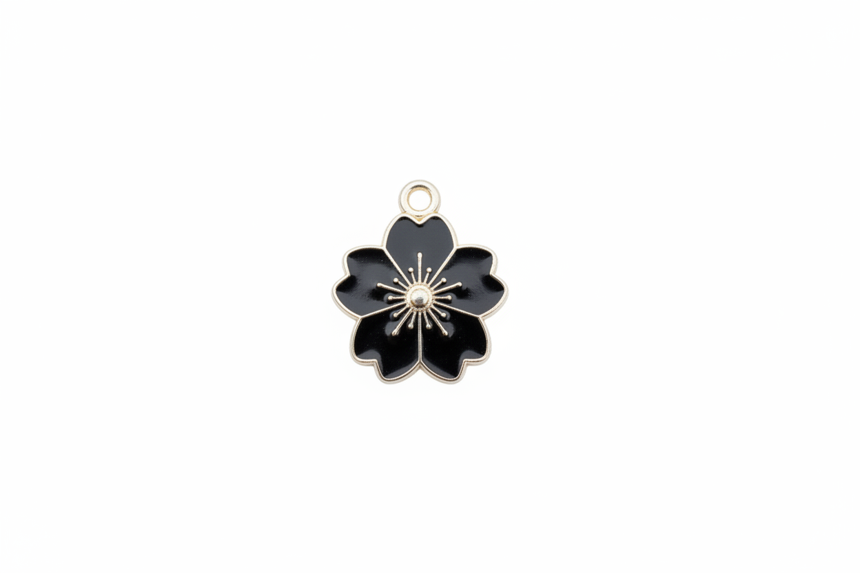 perlesetcreationbijoux - breloque fleur émaillée 20x17 mm, base métal doré et noir