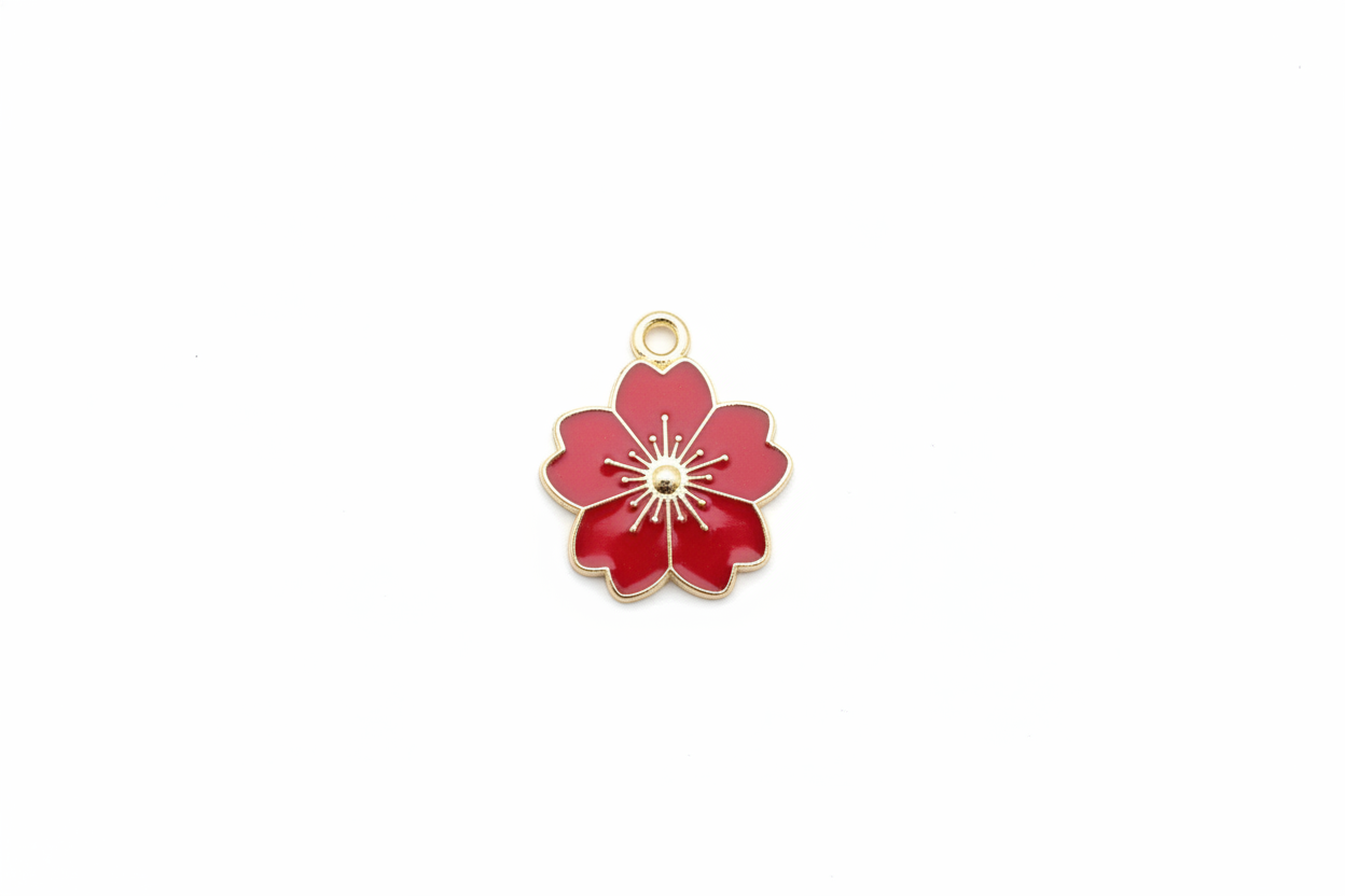 perlesetcreationbijoux - breloque fleur émaillée 20x17 mm, base métal doré et rouge