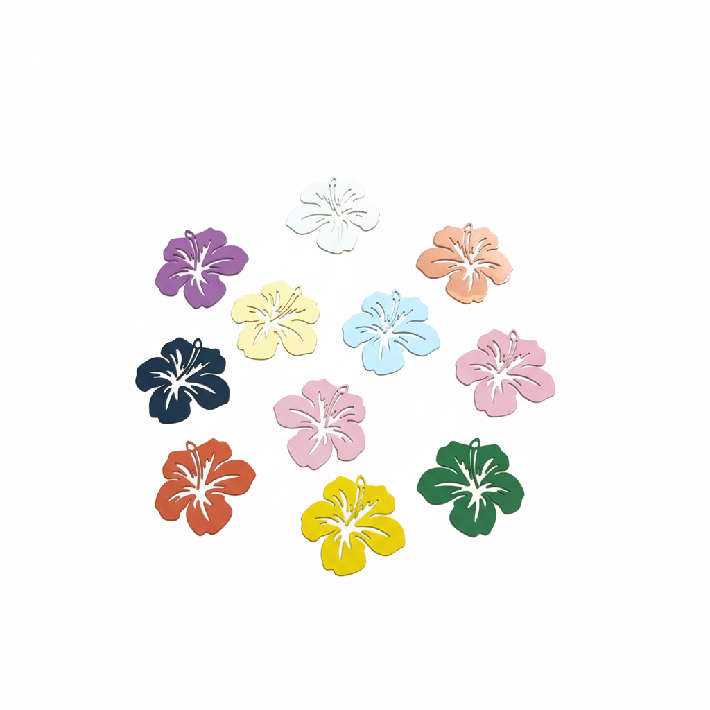 Breloques fleurs hibiscus multicolores fond blanc