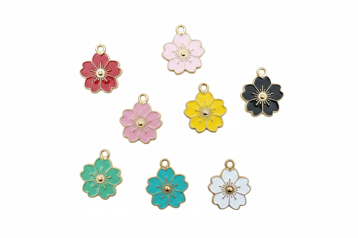 perlesetcreationbijoux - breloque fleur émaillée 20x17 mm, base métal doré et différentes couleurs