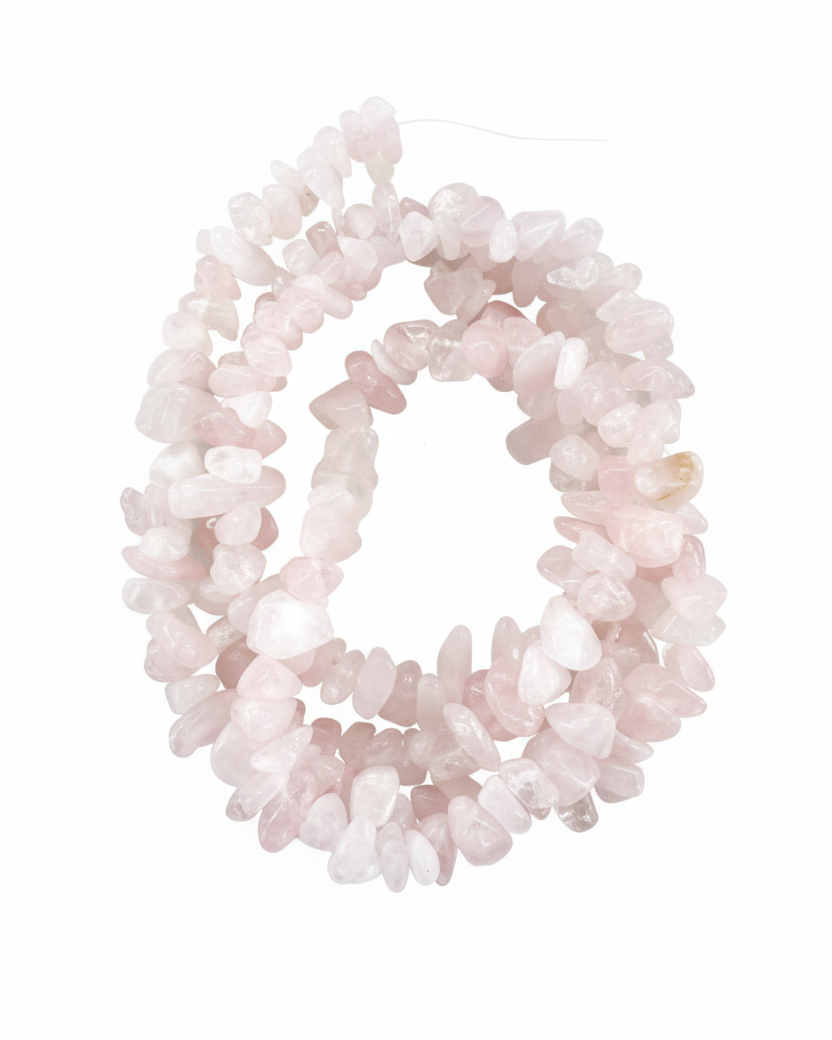 Perles chips quartz rose fond blanc
