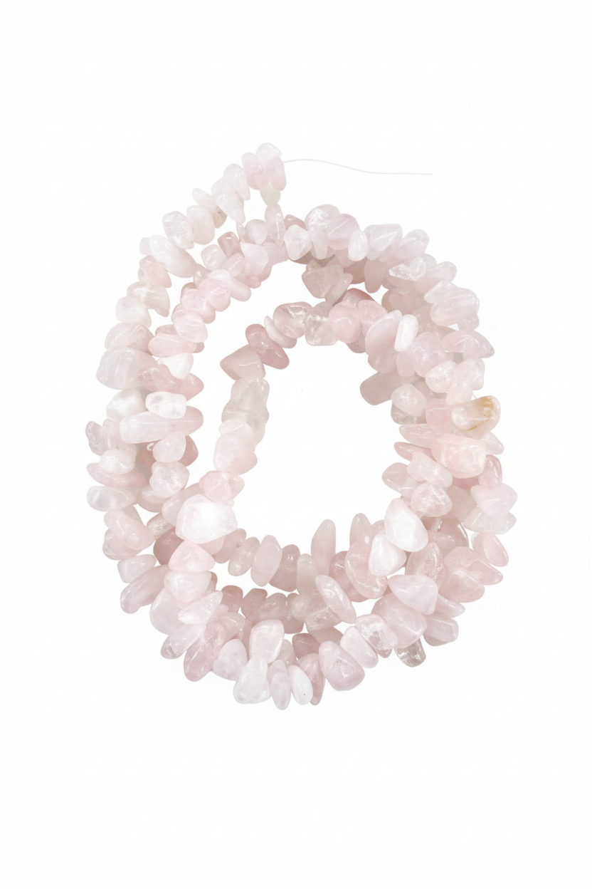 Perles chips quartz rose fond blanc
