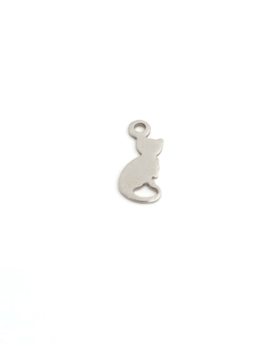 Breloque chat acier inox argenté 304 - 13x5 mm