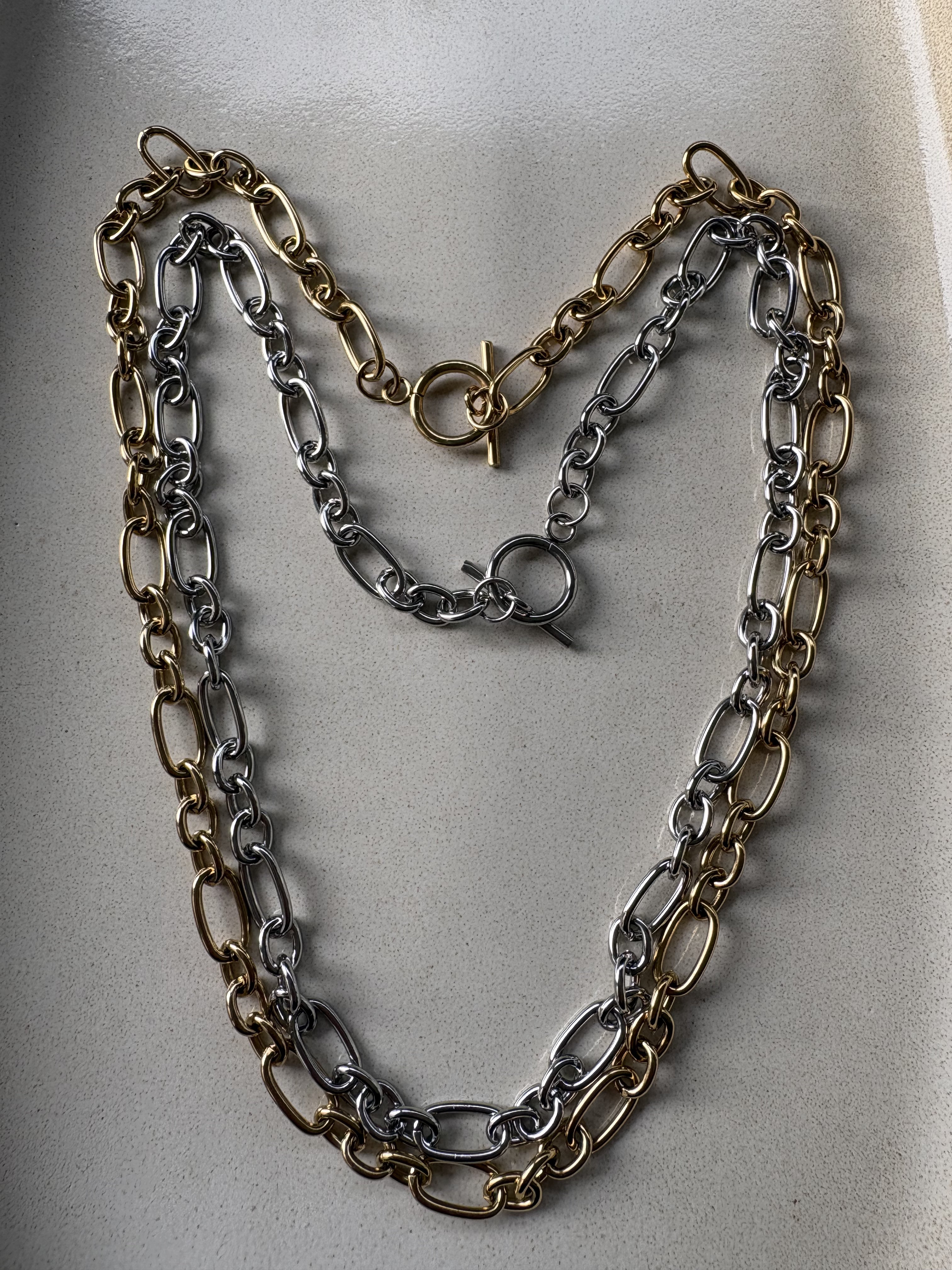perlesetcreationbijoux - collier maille figaro acier inoxydable argenté et doré 52 cm